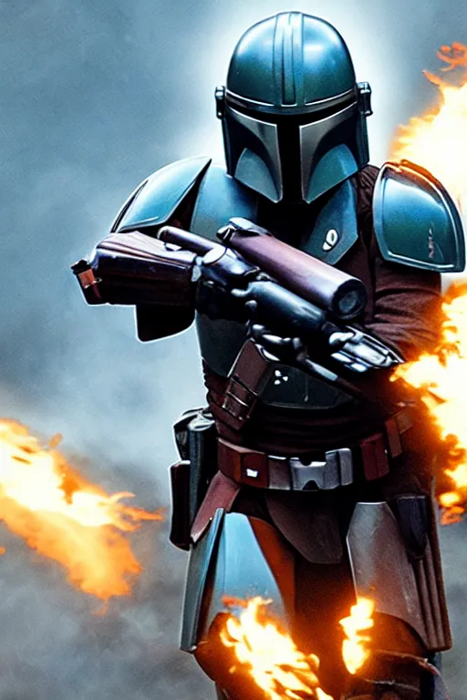 Image similar to a beautiful photo of a Mandalorian running through fire