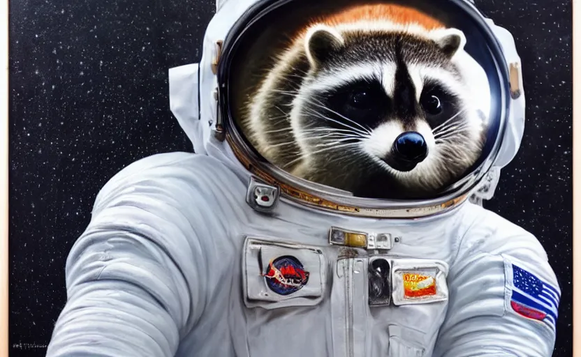 Prompt: oil painting of a racoon in a astronaut suit with helmet, 35mm, photo, Epic, cinematic, highly detailed and intricate