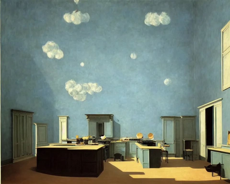 Image similar to achingly beautiful painting of a sophisticated kitchen on baby blue background by rene magritte, monet, and turner. giovanni battista piranesi.