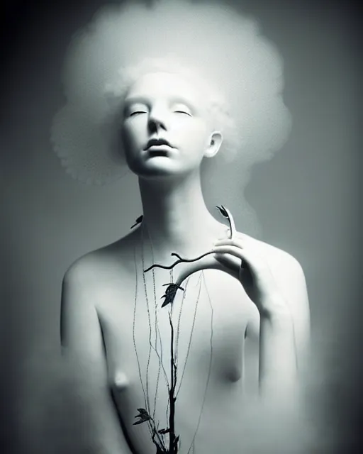 Image similar to dreamy foggy soft luminous bw art photo, beautiful young spiritual albino biomechanical female cyborg, mandelbrot fractal porcelain profile face, very long neck, halo, white smoke atmosphere, rim light, big leaves and stems, fine foliage lace, alexander mcqueen, art nouveau fashion pearl embroidered collar, steampunk, elegant