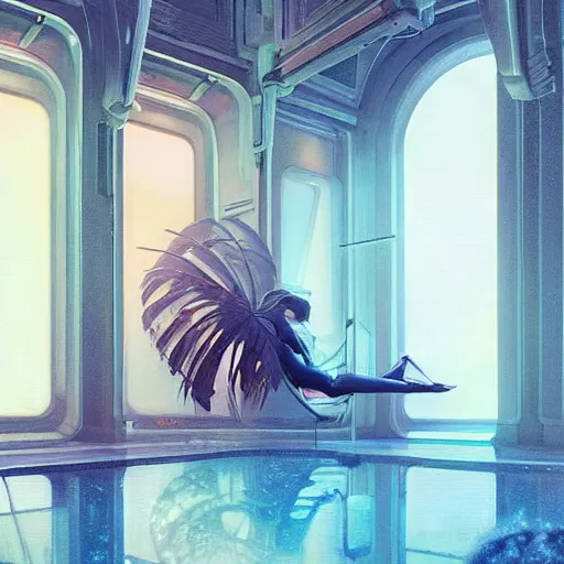 Image similar to scifi indoor liminal space, golden light, greg rutkowski, palm trees, pink door, minimalistic, hyperrealistic surrealism, award winning masterpiece with incredible details, epic stunning, infinity pool mirrors, a surreal vaporwave liminal space with mirrors, highly detailed, trending on artstation, artgerm and greg rutkowski and alphonse mucha, daily deviation
