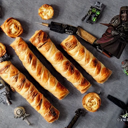 Prompt: ceaseless watcher, turn your gaze upon this wretched greggs sausage roll, warhammer 4 0 k, photograph