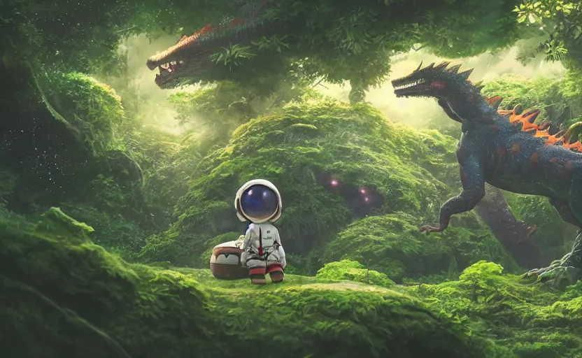 Image similar to a still of a cute adorable tiny astronaut, on a planet of lush foliage, with an enormous kaiju dragon surrounding, magical forest, sharp focus, neon backlit, highly detailed, disney pixar studio ghibli makoto shinkai, digital painting, matte, octane render, global illumination, iridescent, anime, 8 k concept art