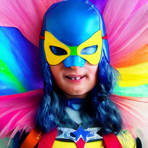 Image similar to a detailed portrait photo of a rainbow themed super hero, super hero costume, super hero mask, cinematic shot