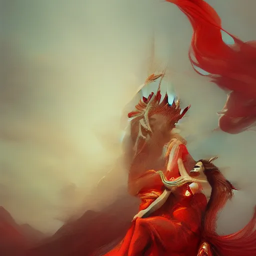 Prompt: Lady of Liberty sitting on a red dragon, illustration concept art in the style of Guangjian Huang, trending on Artstation, Tom Bagshaw, Sargent