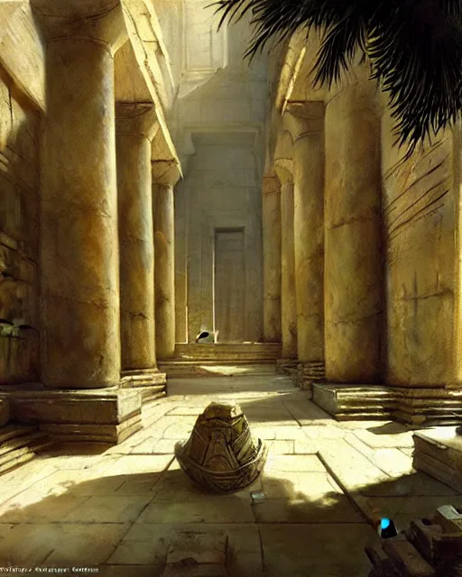 Prompt: fantasy concept art by anders zorn and craig mullins depicting the courtyard of a majestic egyptian fantasy temple