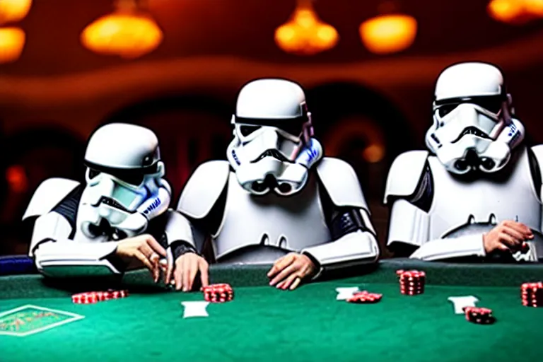 Prompt: a photo of two stormtroopers playing craps in las vegas, bokeh, blurred background, colorful lights