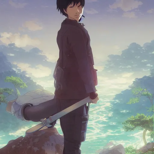 Image similar to a japanese anime hero, highly detailed vfx portrait, unreal engine, greg rutkowski, loish, rhads, caspar david friedrich, makoto shinkai and lois van baarle, ilya kuvshinov, rossdraws, elegent, tom bagshaw, alphonse mucha, global illumination, detailed and intricate environment.