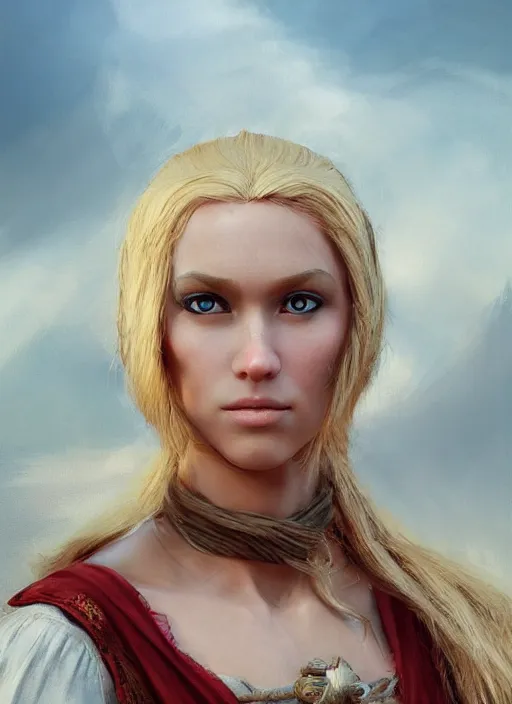 Image similar to blonde peasant woman, fantasy, medieval, vivid colors, fantasy, elegant, concept art, sharp focus, beautiful face!!, digital art, hyper - realistic, 4 k, unreal engine, highly detailed, hd, dramatic lighting by brom, trending on artstation