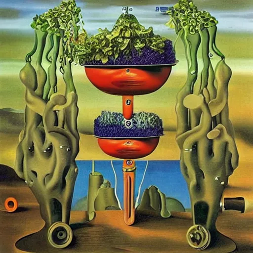 Image similar to a machine that converts plastic into plants. surrealism. salvador dali.