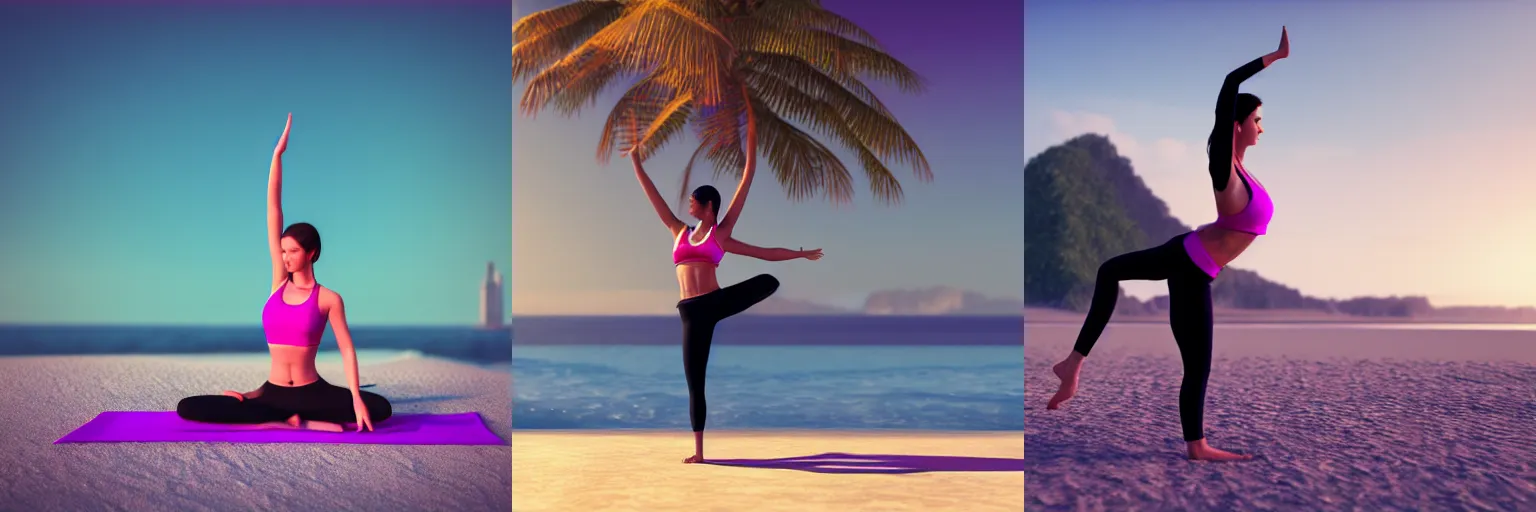 Image similar to woman doing yoga on the beach, 3d render, unreal engine, cgsociety, trending on artstation