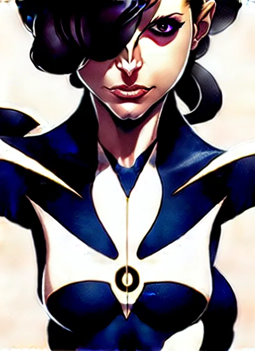 Image similar to artgerm, joshua middleton comic cover art, pretty sarah michelle gellar superhero, asymmetrical black oval spot covering left eye only, very pale white skin, no spot right eye, white around right eye