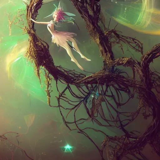 Prompt: the ghost of a fairy is ribbon dancing on a spikey vine, the ribbon is colored like a nebula, ultra realistic, concept art, intricate details, highly detailed, photorealistic, octane render, 8 k, art by greg rutkowski