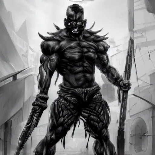 Image similar to black and white muscular demon man, wearing soldier uniform, holding bayonet knife exploring urban environment, concept art trending on art station 4k award-winning unreal engine