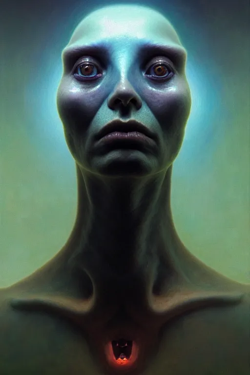 Image similar to portrait of a sad bioluminescent creature, intense expression, highly detailed, asymmetrical artwork, cinematic, hyperrealism, art by zdzisław beksinski and stanley lau and artgerm and magali villeneuve and alphonse mucha, artstation, octane render, unreal engine, 8 k, aperture f 1. 2