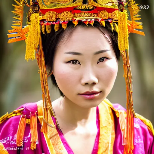 Prompt: A female maiden ancient asian tribal princess, (EOS 5DS R, ISO100, f/8, 1/125, 84mm, postprocessed, crisp face, facial features)