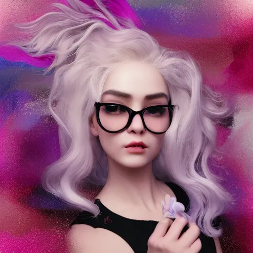 Prompt: abeautiful + blonde + dragon queen + white hair + cool black glasses + little pistol + tights + lisa + black pink, floating under the deep dream water, beautiful smooth soft light + white petal, oil paint, cinematic lighting, octane render, unreal engine 5, closeup, 4 k, highly detailed, instagram,