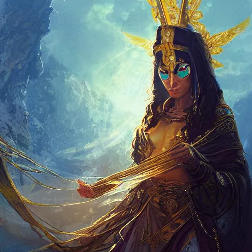 Image similar to a priestess weavering strings of gold, symmetric face, hyperrealism, epic fantasy digital art, fantasy style art, by Greg Rutkowski, fantasy magic the gathering card art style