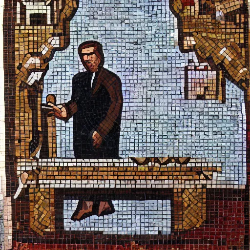 Image similar to trump in an old fashioned prison suite, byzantine mosaic,