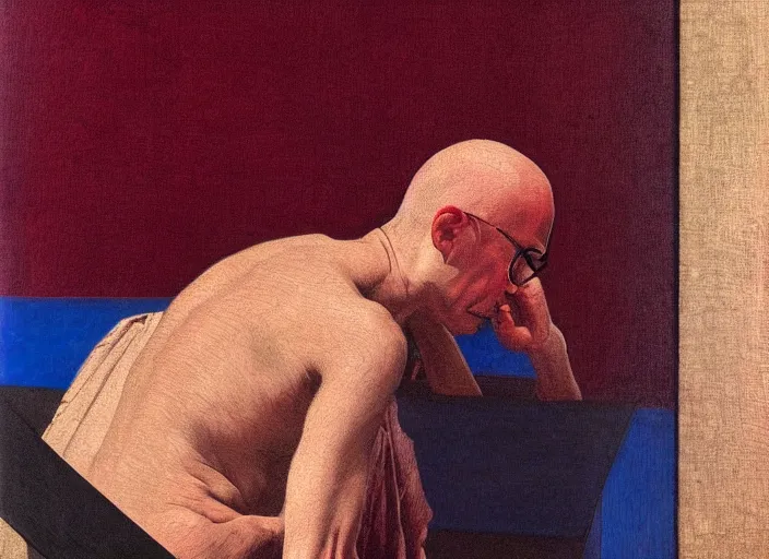 Image similar to michel foucault using iphone, muted blue and red tones, portrait face, in the style of peter ferguson, frantisek kupka, intricate, miles johnston, kuroda seiki, cynical realism, ozabu, john william godward, painterly, yoshitaka amano, moebius, miles johnston, louise zhang, james jean