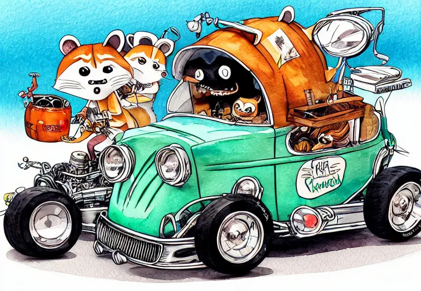 Image similar to cute and funny, racoon riding in a tiny hot rod coupe with oversized engine, ratfink style by ed roth, centered award winning watercolor pen illustration, isometric illustration by chihiro iwasaki, edited by range murata