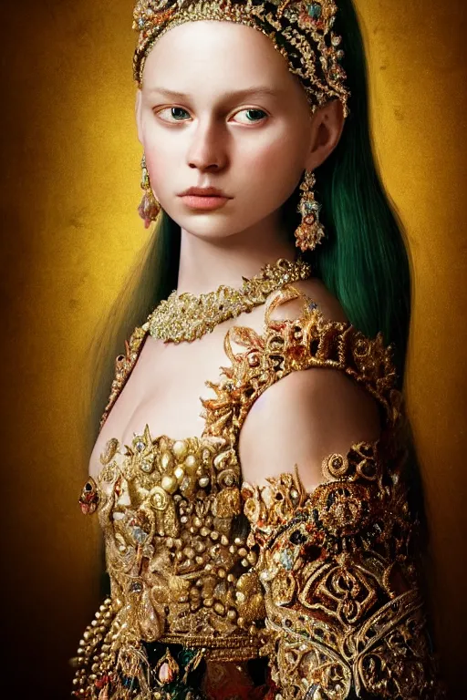 Image similar to beautiful very detailed portrait of a young princess with lots of jewelry and an Ultra Lux jade mask, full body, in the background there is a minimalistic throne, digital art , photos by Annie Leibovitz, moody, models by 500px, dramatic cinematic lighting rendered by octane, 8k, detailed, intricate, clean and textures, trending on artstation, deviantart google images, pinterest