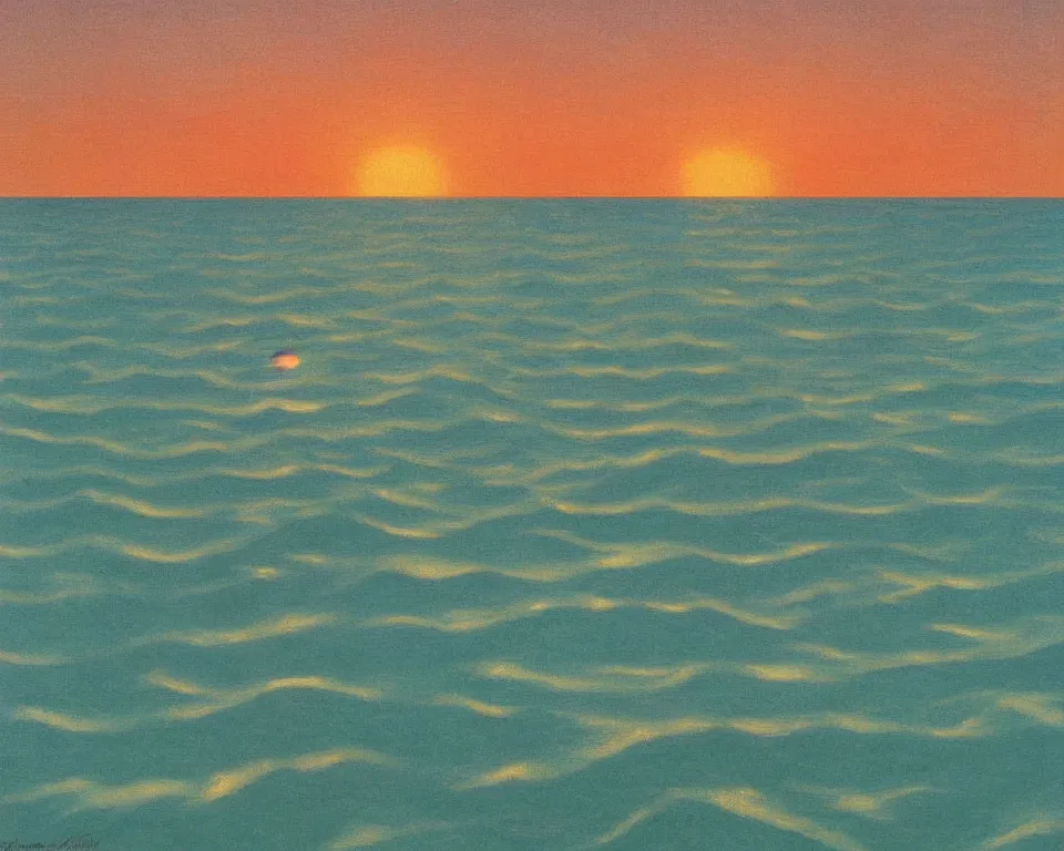 Prompt: an achingly beautiful print of an ocean sunset by Raphael, Hopper, and Rene Magritte. detailed, romantic, enchanting, trending on artstation.