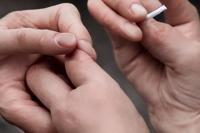 Prompt: cigarette in fingers, hand holding cigarette, hyper realistic, natural