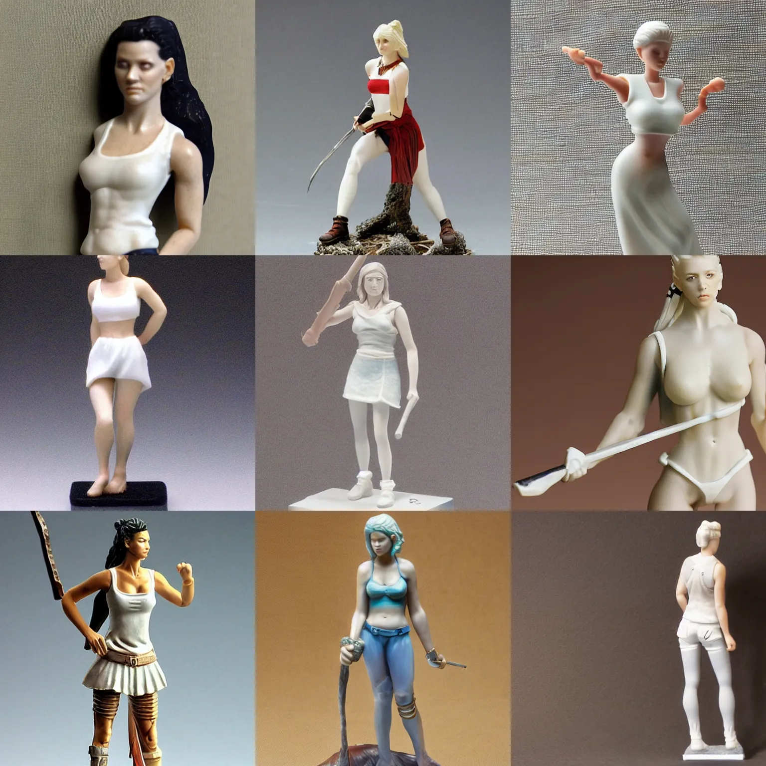 Prompt: A full body-shot, color studio photograph portrait of 80mm resin model figure of a woman warrior in sleeveless white shirt on the textured base, ambient lighting, 2004 photo from miniature shop website.