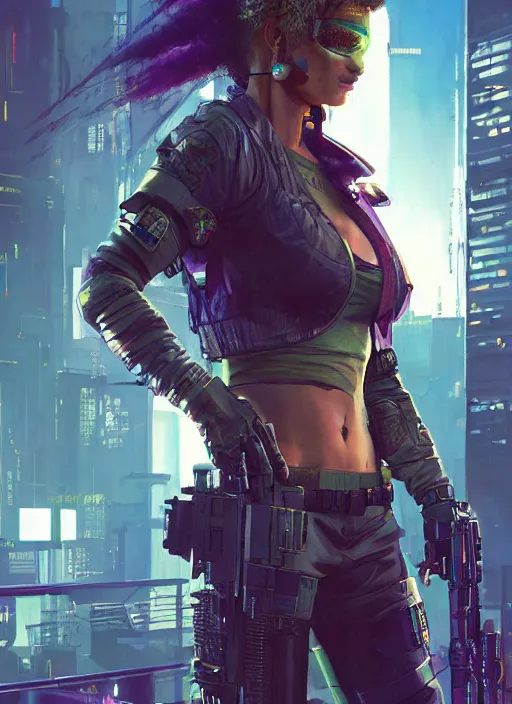 Image similar to Ela. Cyberpunk mercenary in tactical gear infiltrating corporate mainframe. (Cyberpunk 2077), blade runner 2049, (matrix) Concept art by James Gurney, Craig Mullins and Alphonso Mucha. Stylized painting with Vivid color.