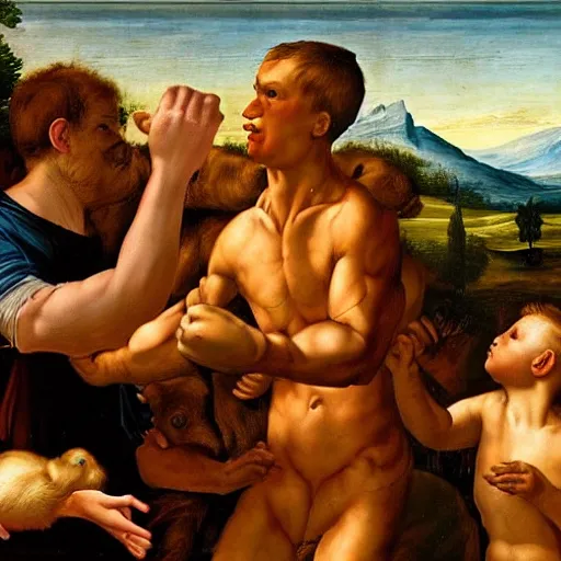 Prompt: vitalik buterin punching a bear in the throat, renaissance painting