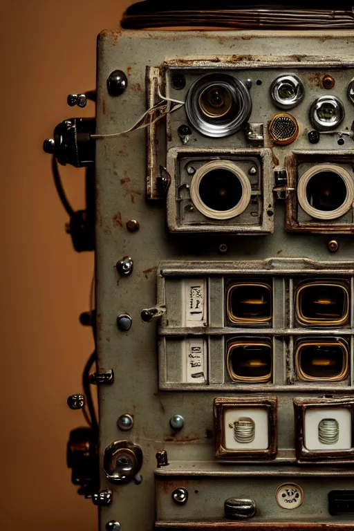 Image similar to A photo of a very old opened camera with vacuum tubes, capacitors and coils inside by Wes Anderson, grungy, weathered Ultra detailed, hyper realistic, 4k