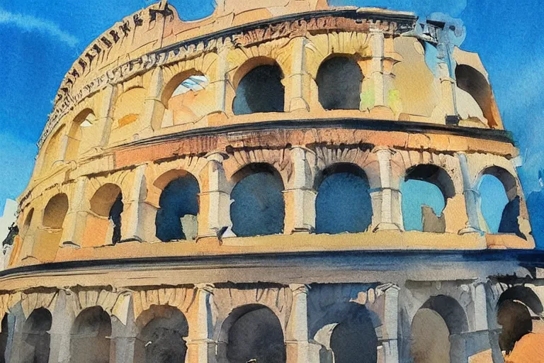 Image similar to !! watercolor!! rome in a sunny day, artwork by tooth wu, colorful contrast,!! very coherent!!, dark shadow, thick lineart