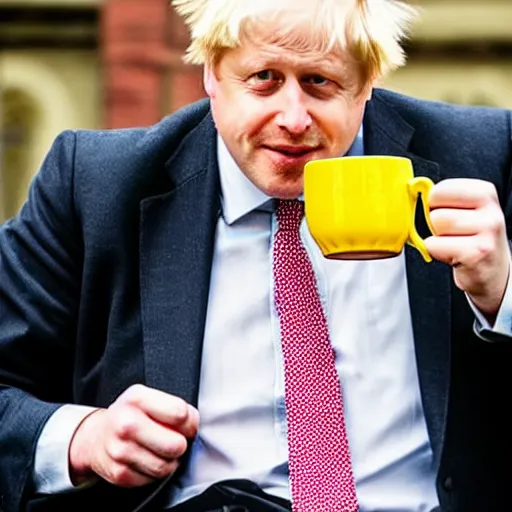 Prompt: Boris Johnson wearing suit and necktie drinking tea from a yellow mug