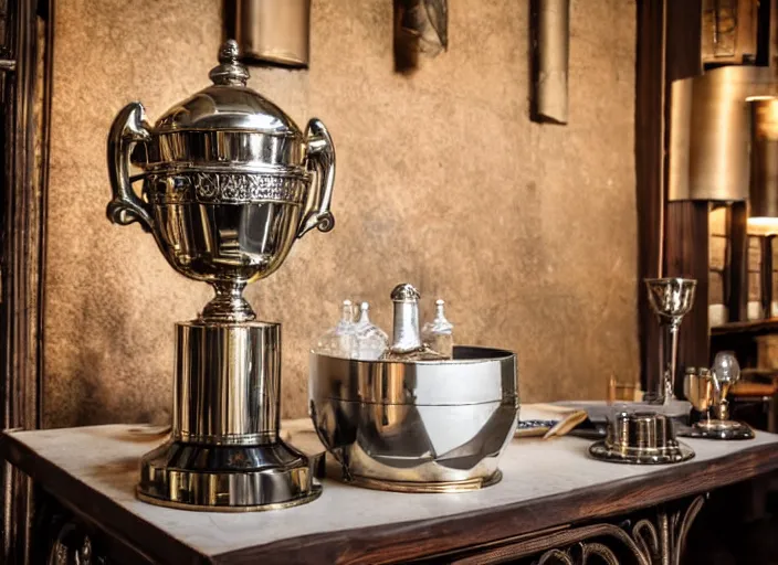 Image similar to a reflective steel engineering trophy at a high end bar in a medieval themed castle in golden afternoon light, professional food photography