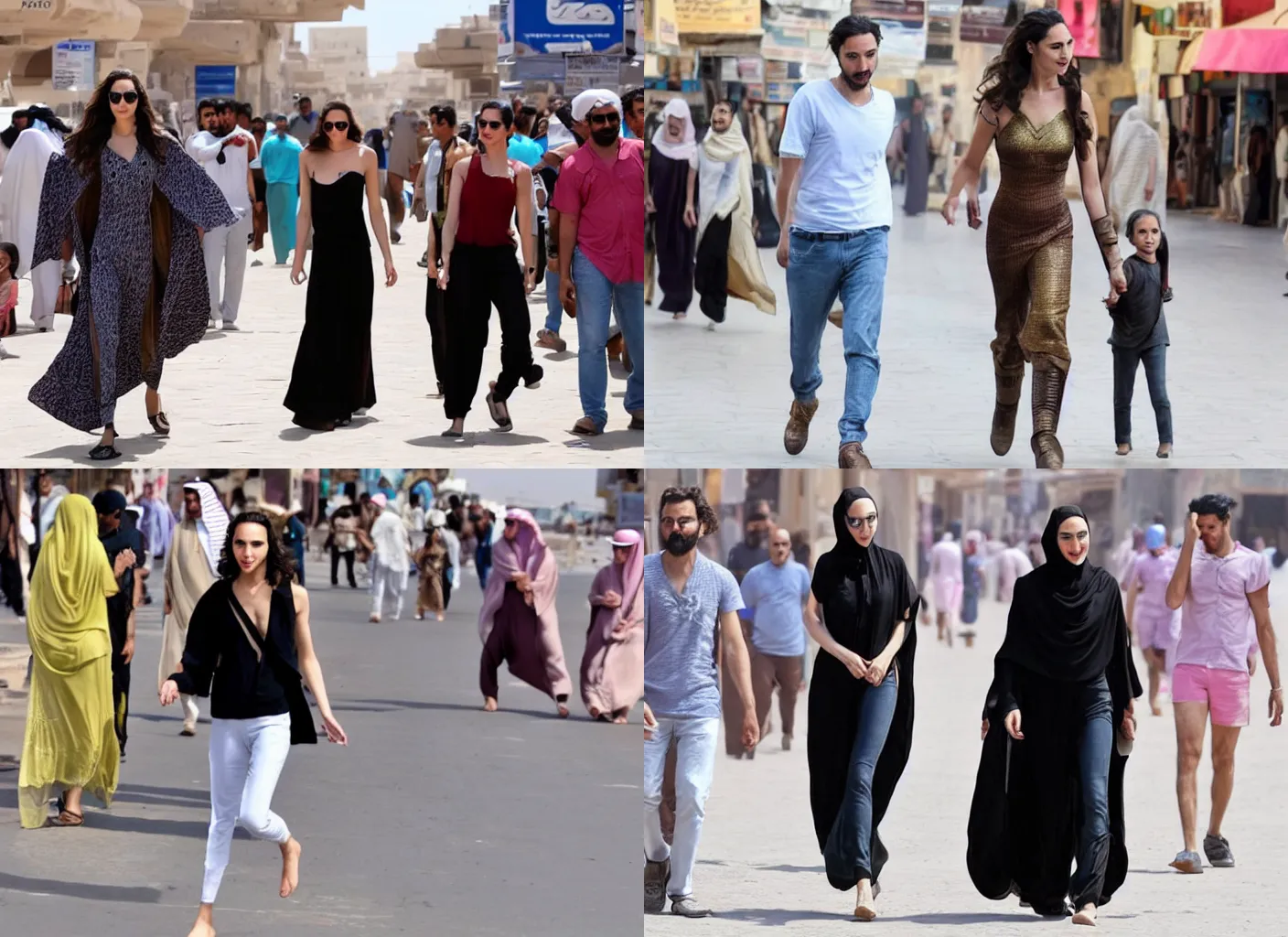 Prompt: gal gadot walking in the steets of saudi arabia, cinematic