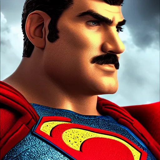 Prompt: portrait of super mario as superman in gears of war, splash art, movie still, detailed face, photorealistic facial features, cinematic lighting, dramatic, octane render, long lens, shallow depth of field, bokeh, anamorphic lens flare, 8 k, hyper detailed, 3 5 mm film grain