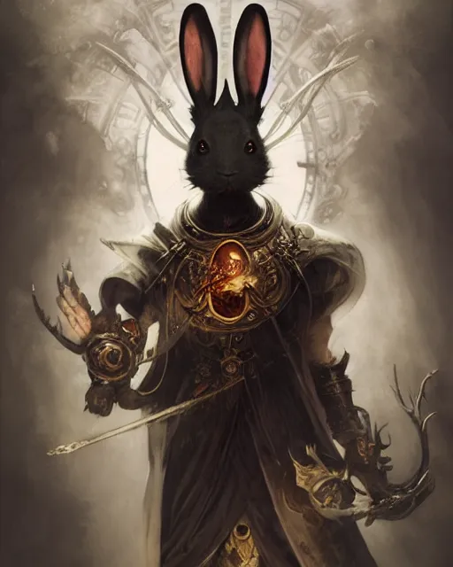 Prompt: Anthropomorphized black rabbit monk, portrait, Path of Exile, Diablo, Warhammer, digital painting, highly detailed, concept art, Nekro, Peter Mohrbacher, Alphonse Mucha, Brian Froud, Yoshitaka Amano, Kim Keever, Victo Ngai, James Jean