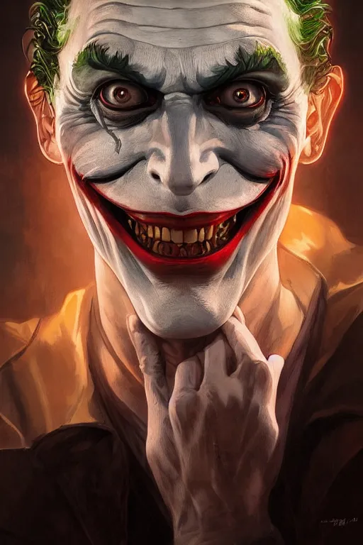 Image similar to portrait of the joker, forest, godlike, full body, fantasy, intricate, elegant, highly detailed, digital painting, artstation, concept art, sharp focus, illustration, art by artgerm and greg rutkowski and alphonse mucha