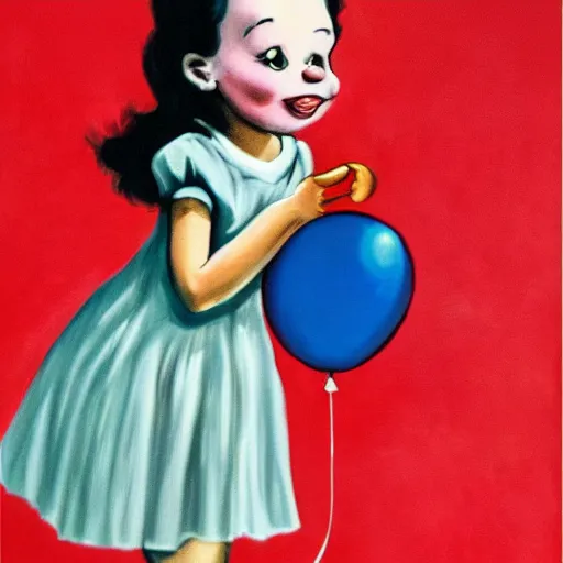 Image similar to painting of a little girl holding a red balloon by dr seuss | horror themed | creepy