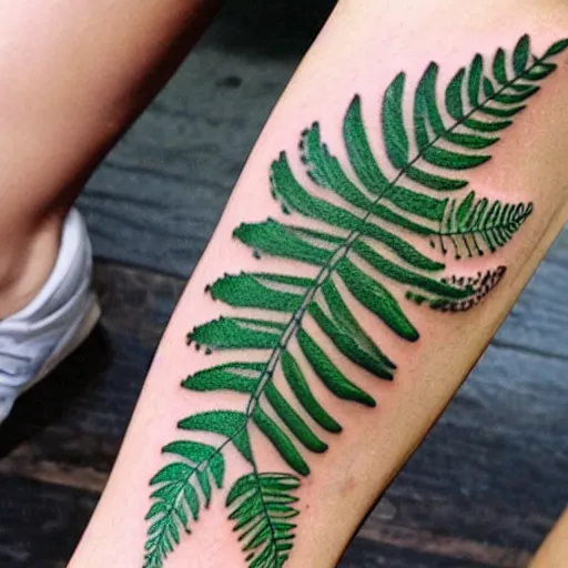 Prompt: neotraditional Tattoo of a knife with fern leaves wrapping around it