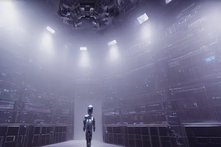 Image similar to extremely detailed cinematic movie still 3 0 7 7 foggy portrait shot of a robot in an endless data centre by denis villeneuve, wayne barlowe, simon birch, philippe druillet, beeple, volumetric sunlight from small windows