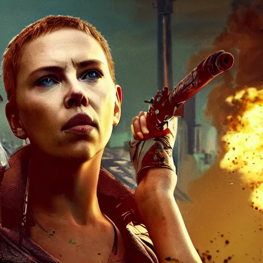 Image similar to Fury Road driver scarlett johansson tragedy in Cyberpunk 2077. CP2077. 3840 x 2160