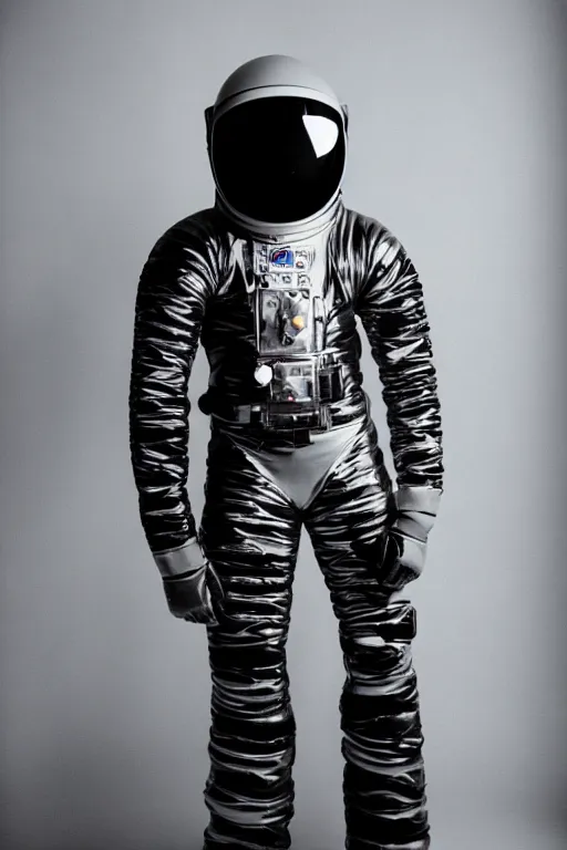 Image similar to full - length portrait of black male in a space suit, fashion studio lightning, 3 5 mm