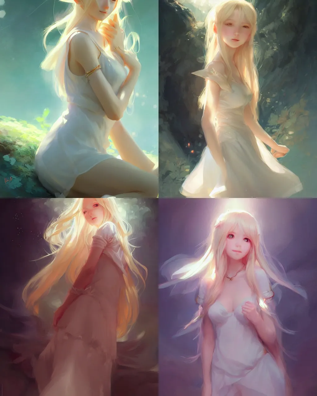Prompt: elf girl with blonde hair and white dress, half - length photo, illustration, soft lighting, bright, by wenjun lin an krenz cushart