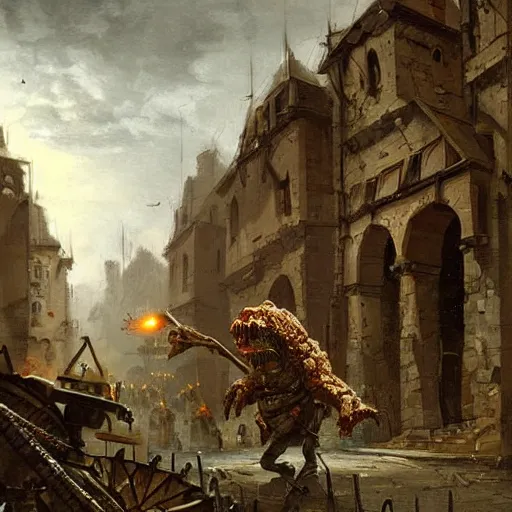 Image similar to a huge four legged creature with a cannon for a head, men in uniforms operate cannon, the creature is walking through the streets of a medieval city, illustration, rpg, hubert robert, dying earth, body horror