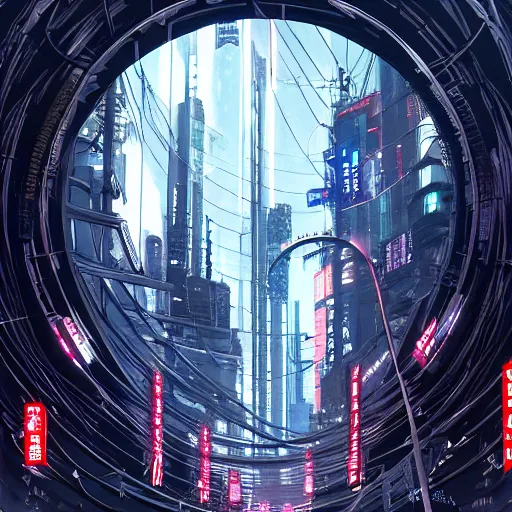 Image similar to Circle portal structure among cyberpunk Tokyo in style of Tsutomu Nihei. Cyberpunk, vertical symmetry, 8K, Highly Detailed, Intricate.