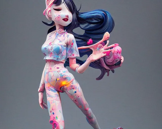 Prompt: James Jean isolated cheerful tomboy vinyl figure, figure photography, dynamic pose, holographic undertones, glitter accents on figure, anime stylized, accurate fictional proportions, high delicate details, ethereal lighting - H 640