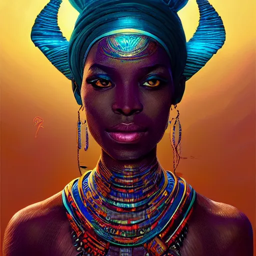 Image similar to highly detailed portrait of an african neon egyptian goddess, intricate alien technology, stephen bliss, unreal engine, fantasy art by greg rutkowski, loish, rhads, ferdinand knab, makoto shinkai and lois van baarle, ilya kuvshinov, rossdraws, tom bagshaw, global illumination, radiant light, detailed and intricate environment