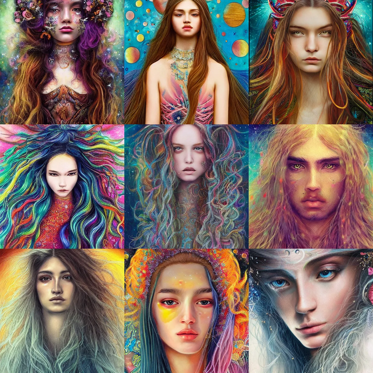 Prompt: long hair, high detail of the face, cosmic, magical, fantasy, high detail, high quality, high modernization, very beautiful, hyperrealistic, hypermaximalist,